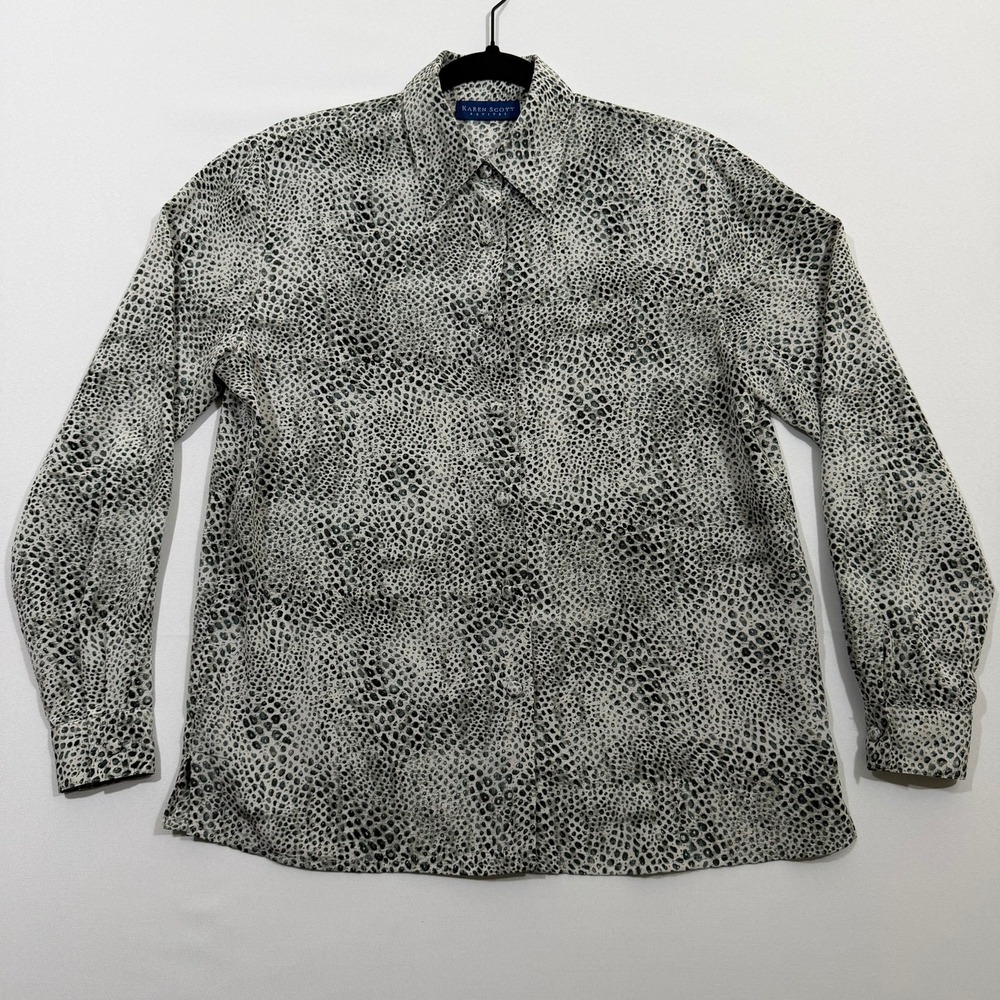 Karen Scott Blouse Animal Print Button‎ Up Grey Black Women PS